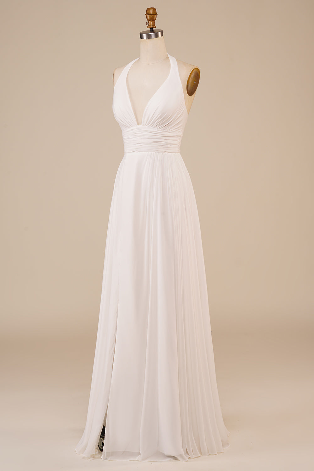 A-Line Halter Ivory Sweep Train Wedding Dress with Slit