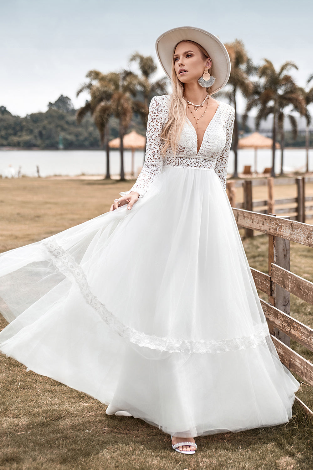 Lace Long Sleeves Deep V-neck Boho Wedding Dress with Backless