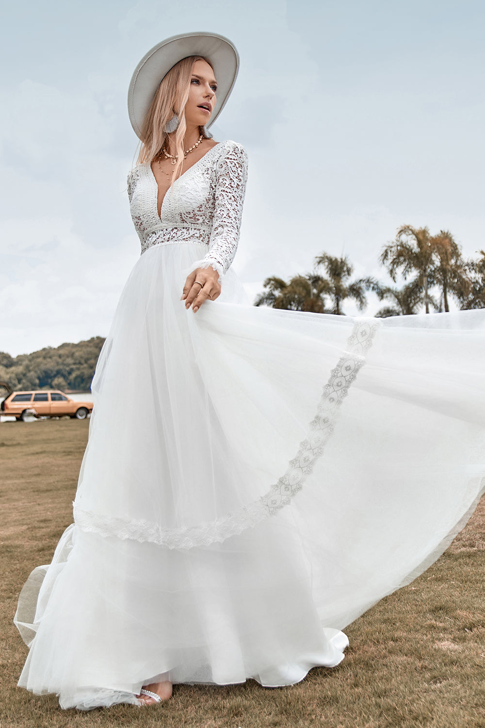 Lace Long Sleeves Deep V-neck Boho Wedding Dress with Backless