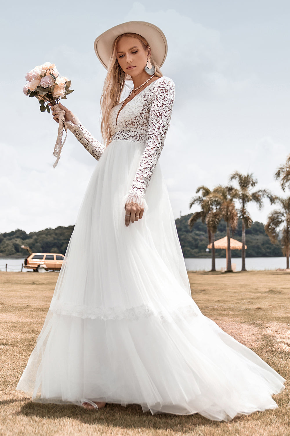 Lace Long Sleeves Deep V-neck Boho Wedding Dress with Backless