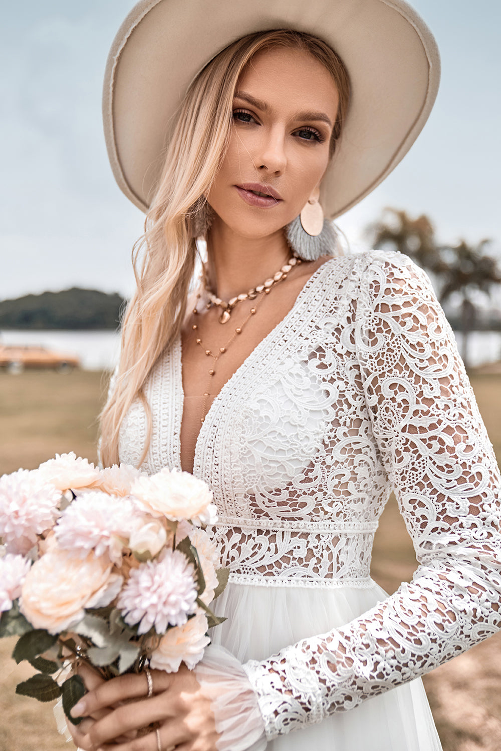 Lace Long Sleeves Deep V-neck Boho Wedding Dress with Backless