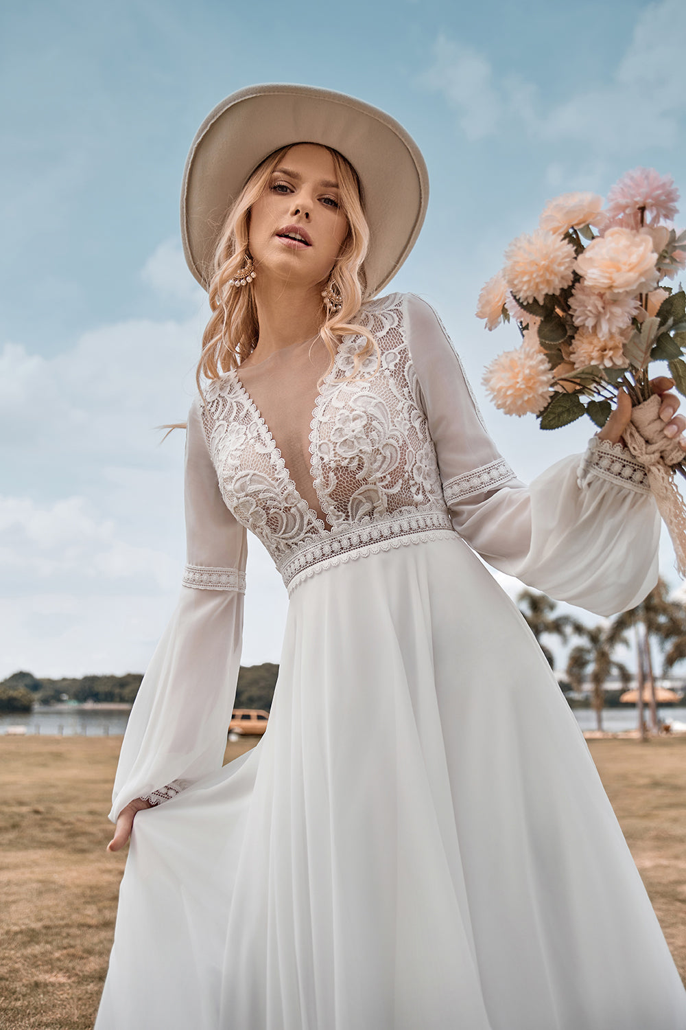 Long Sleeves Ivory A Line Wedding Dress with Lace