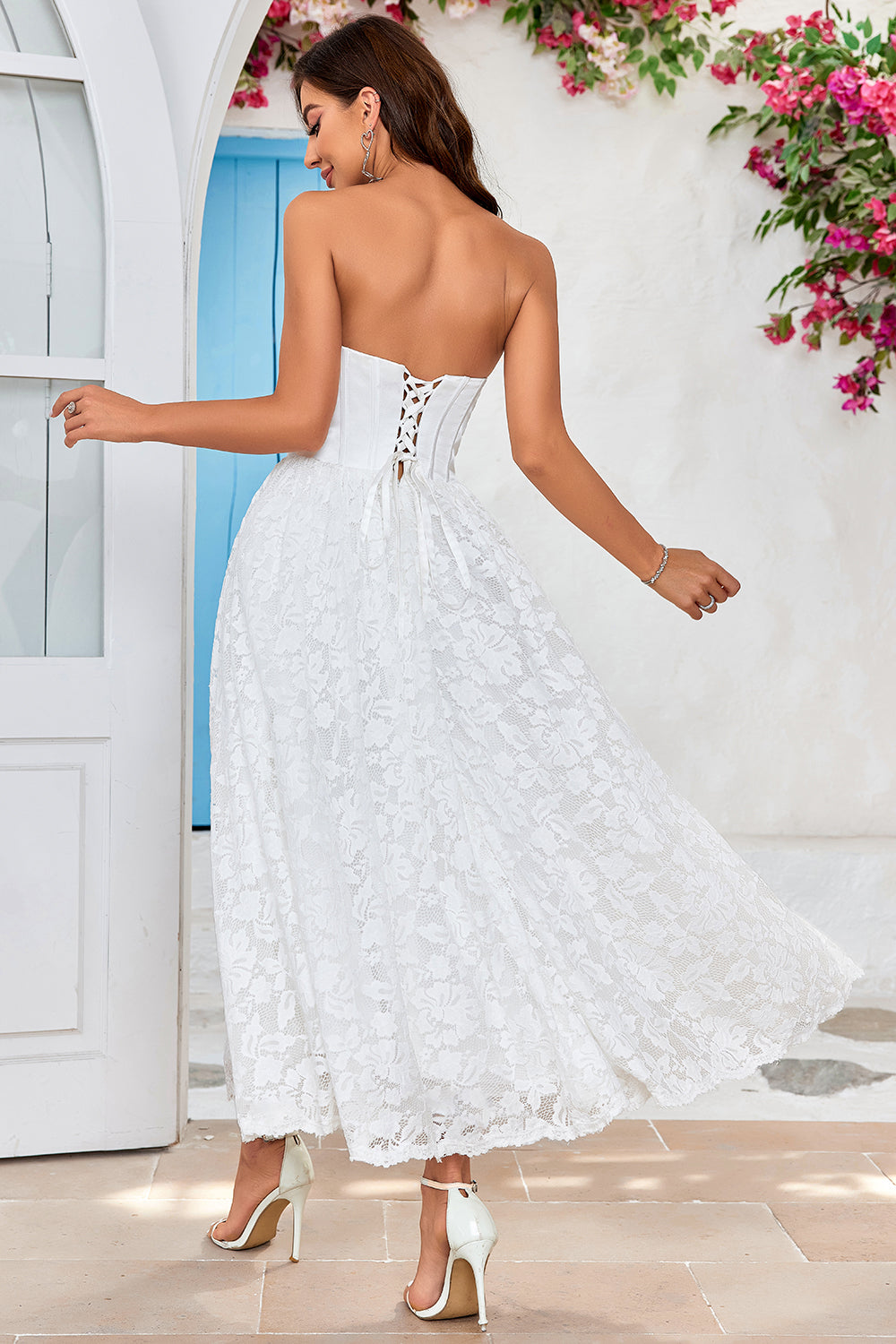 Ivory Strapless Corset Tea-Length Wedding Dress with Lace