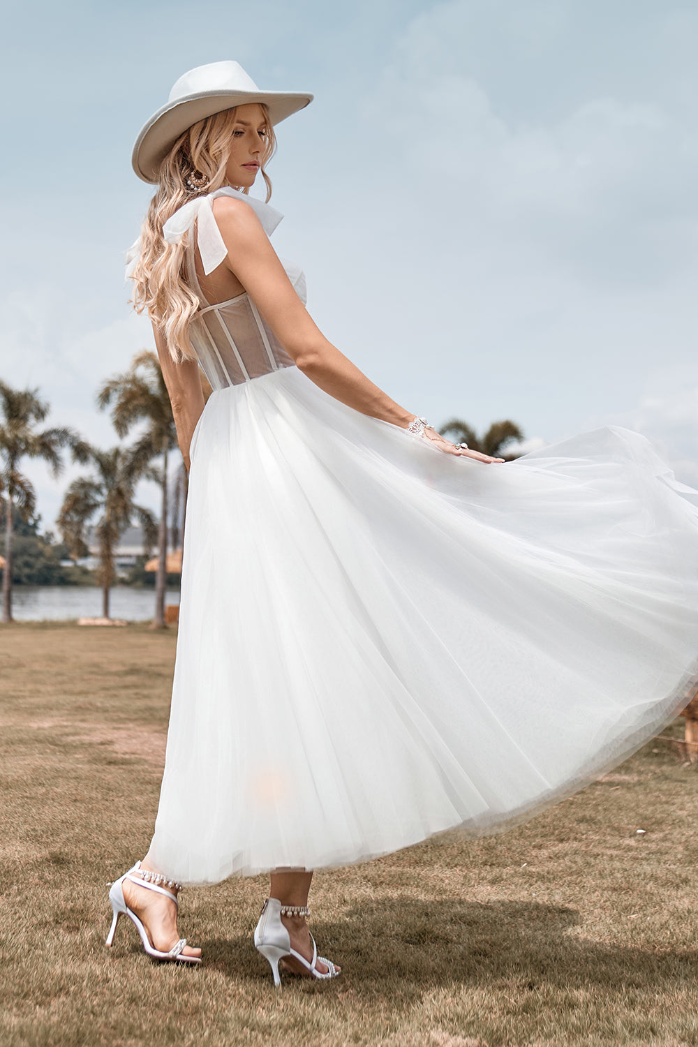 Ivory Tulle Corset Tea-Length A Line Wedding Dress