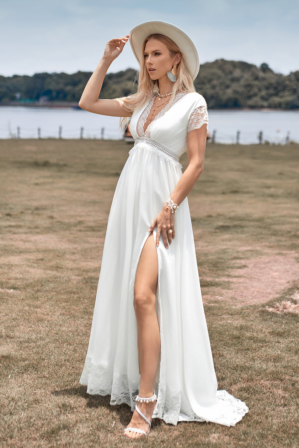 Deep V-neck Simple Boho Wedding Dress with Slit