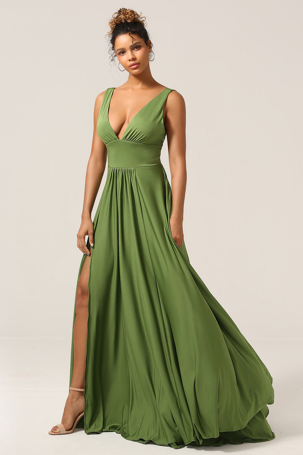 Elegant A Line Olive Deep V-neck Sleeveless Long Bridesmaid Dress