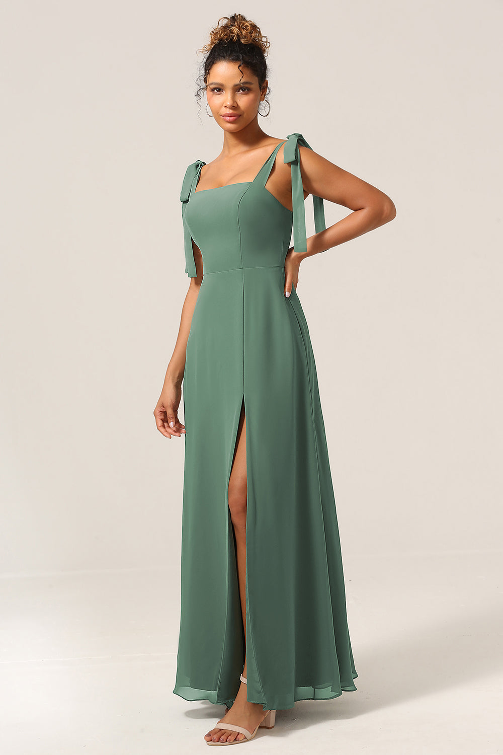 A Line Spaghetti Straps Eucalyptus Tie Straps Bridesmaid Dress With Slit