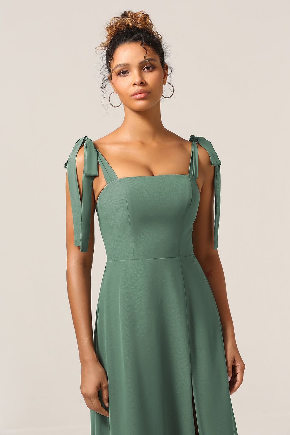 A Line Spaghetti Straps Eucalyptus Tie Straps Bridesmaid Dress With Slit