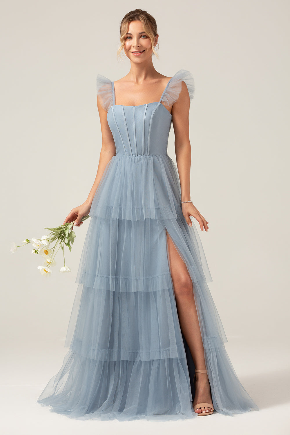 Detachable Straps A Line Eucalyptus Tiered Long Bridesmaid Dress