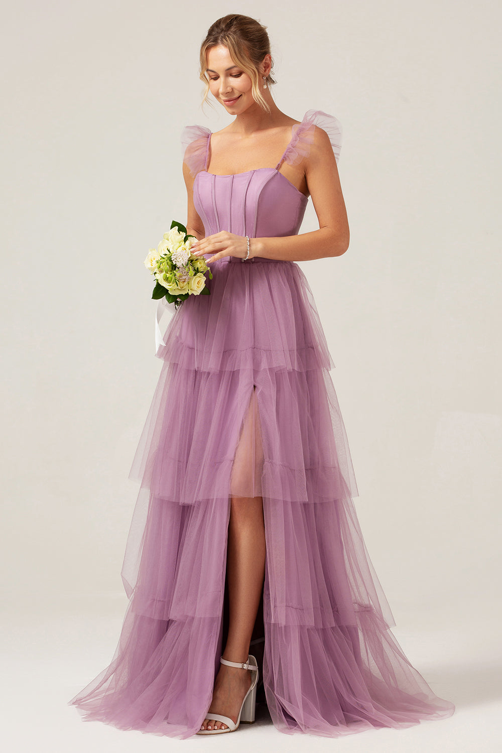 Detachable Straps A Line Eucalyptus Tiered Long Bridesmaid Dress