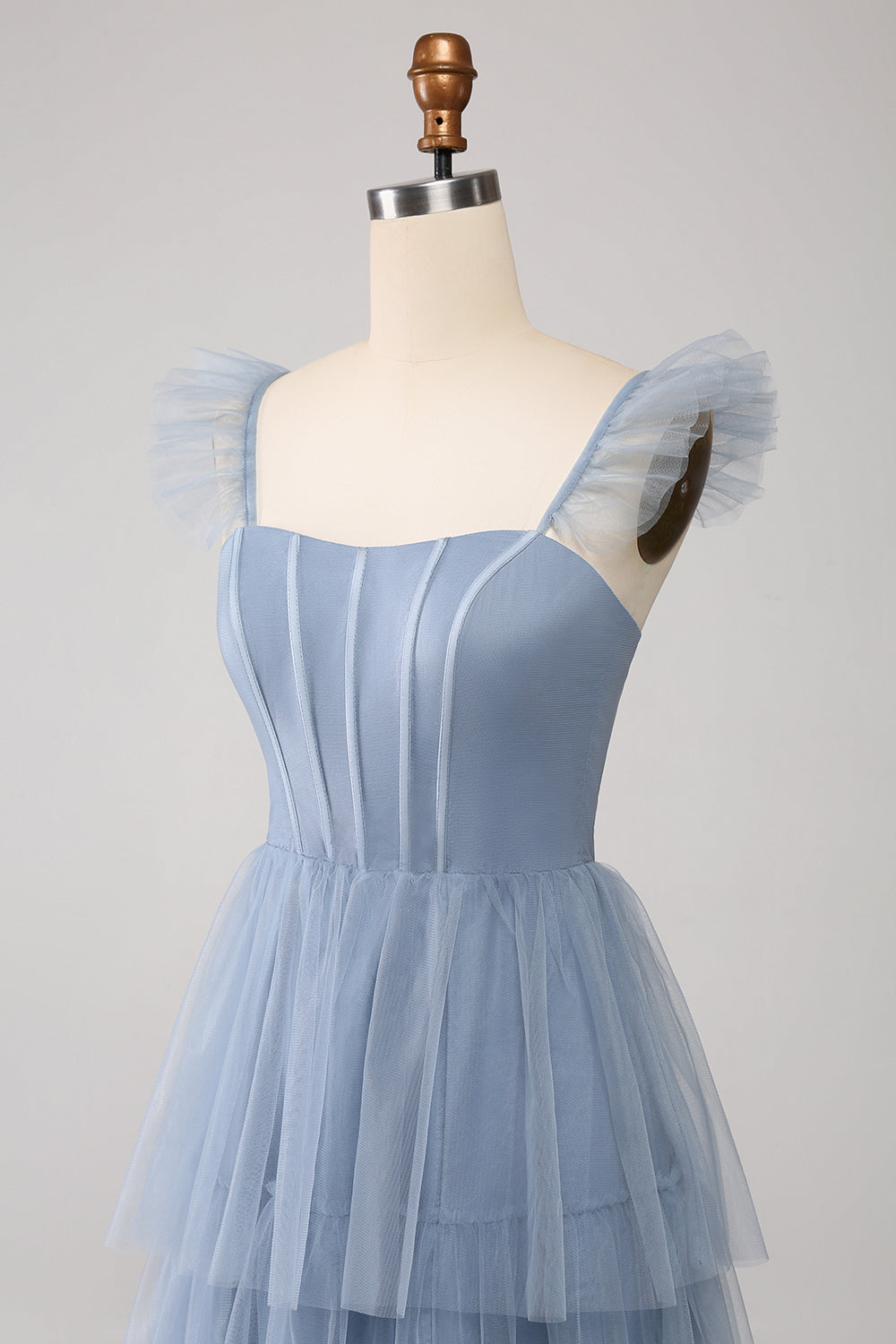 Dusty Blue A Line Tiered Tulle Corset Bridesmaid Dress with Slit