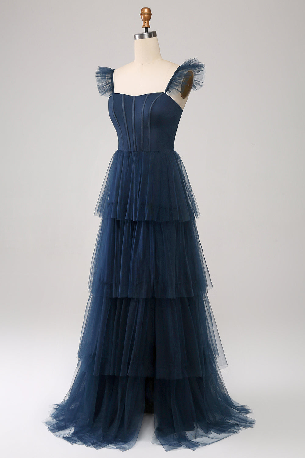 Navy Tulle Navy A Line Tiered Corset Bridesmaid Dress with Slit