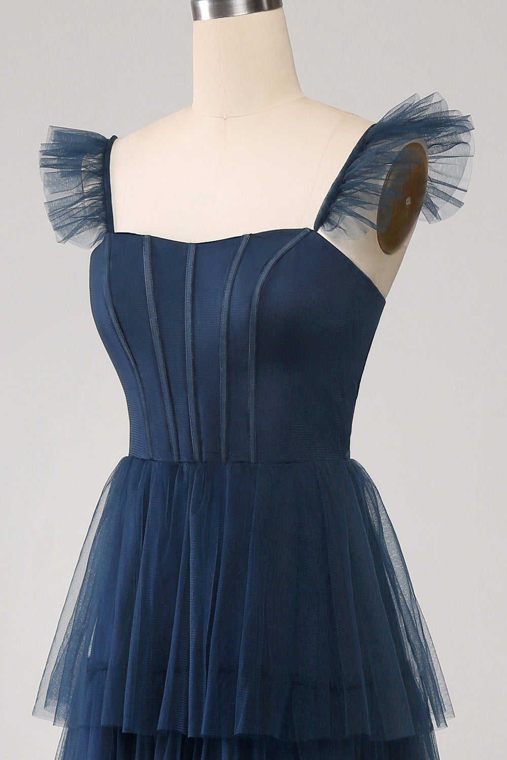 Navy Tulle Navy A Line Tiered Corset Bridesmaid Dress with Slit