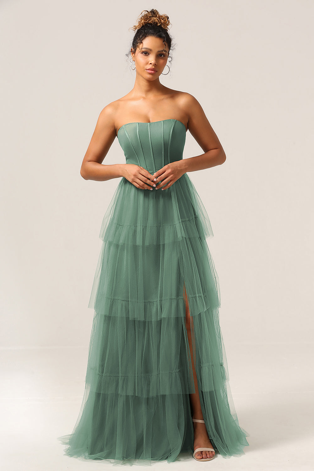 Detachable Straps A Line Eucalyptus Tiered Long Bridesmaid Dress