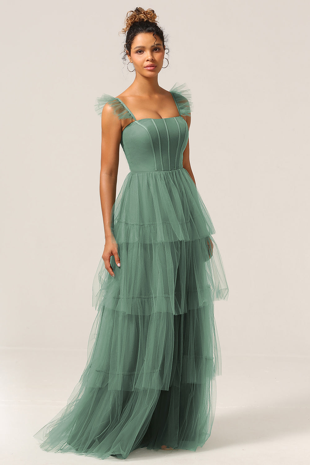 Detachable Straps A Line Eucalyptus Tiered Long Bridesmaid Dress