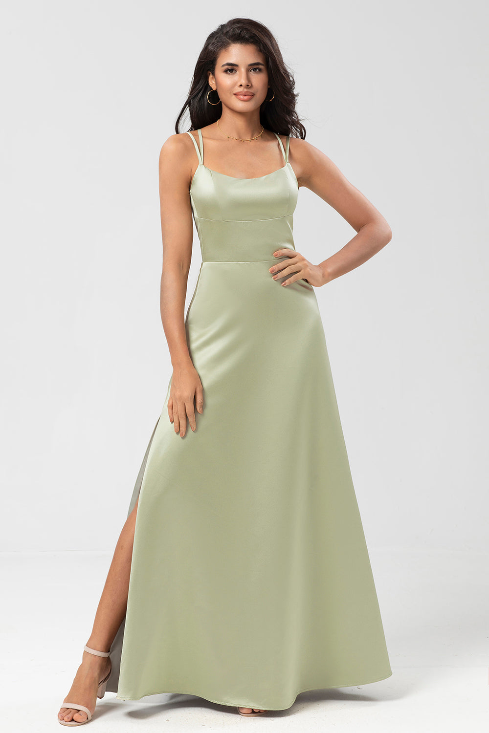 Satin Green Bridesmaid Dress with Lace-up Back