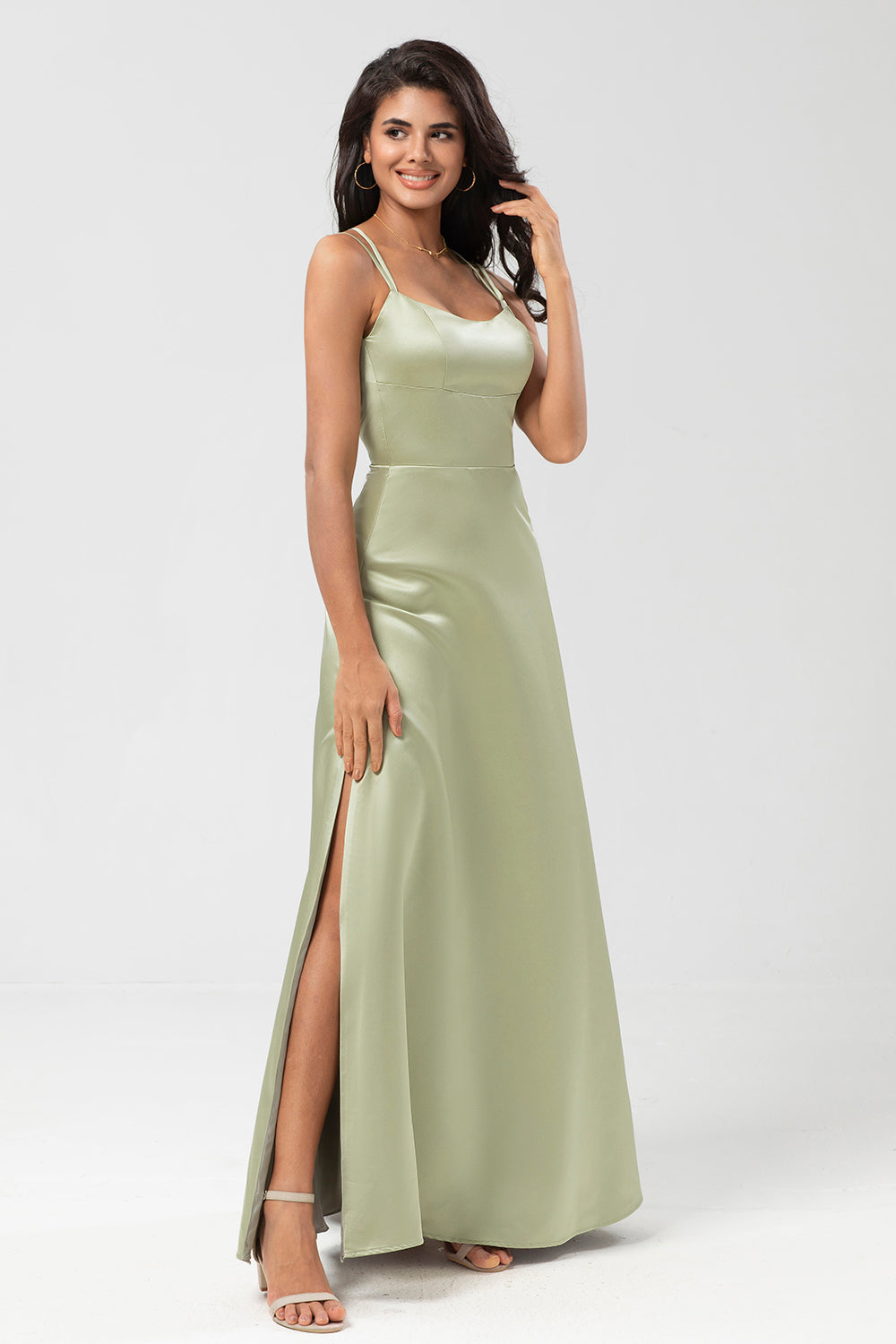 Satin Green Bridesmaid Dress with Lace-up Back