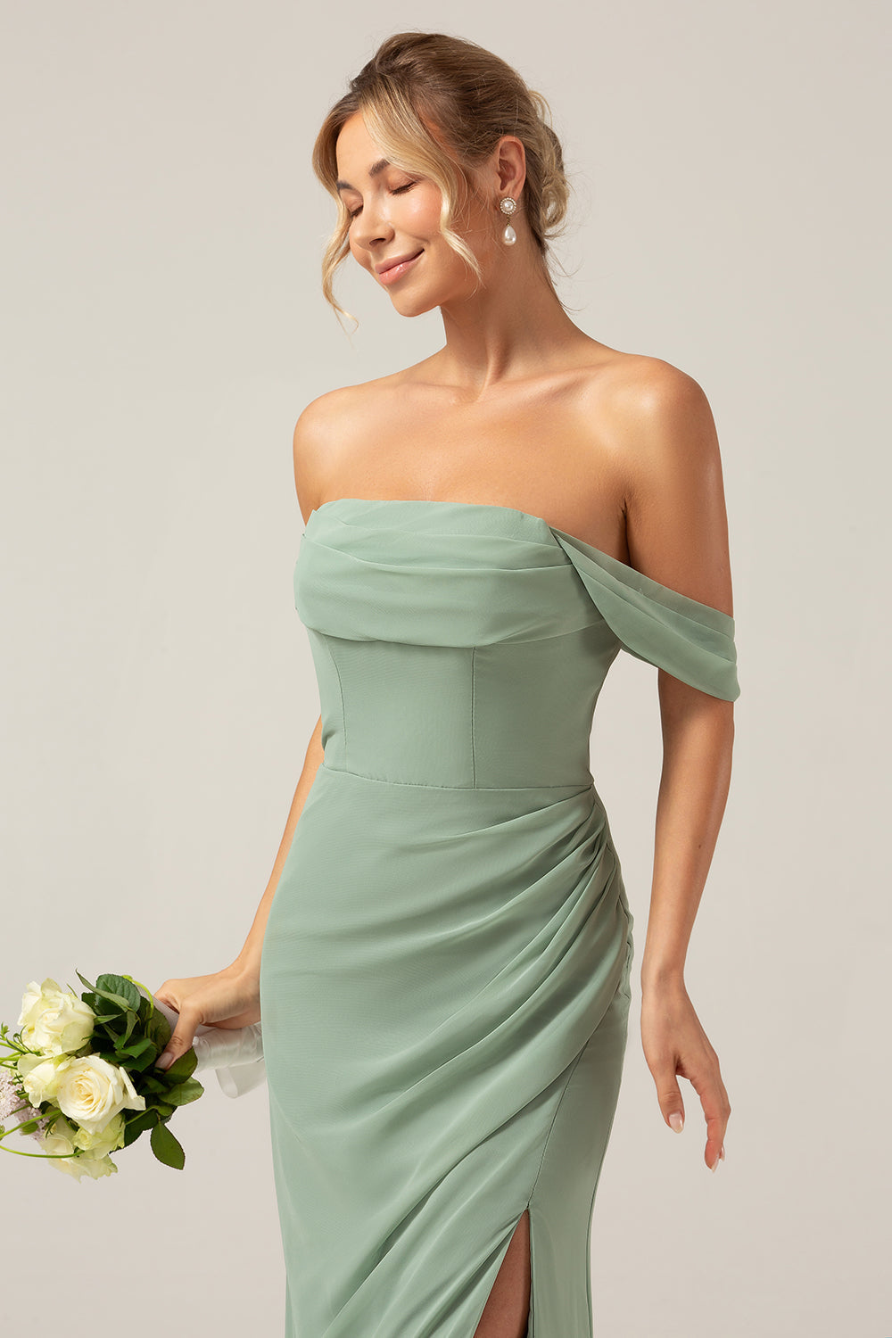 Off the Shoulder Sheath Chiffon Pleated Dusty Sage Bridesmaid Dress