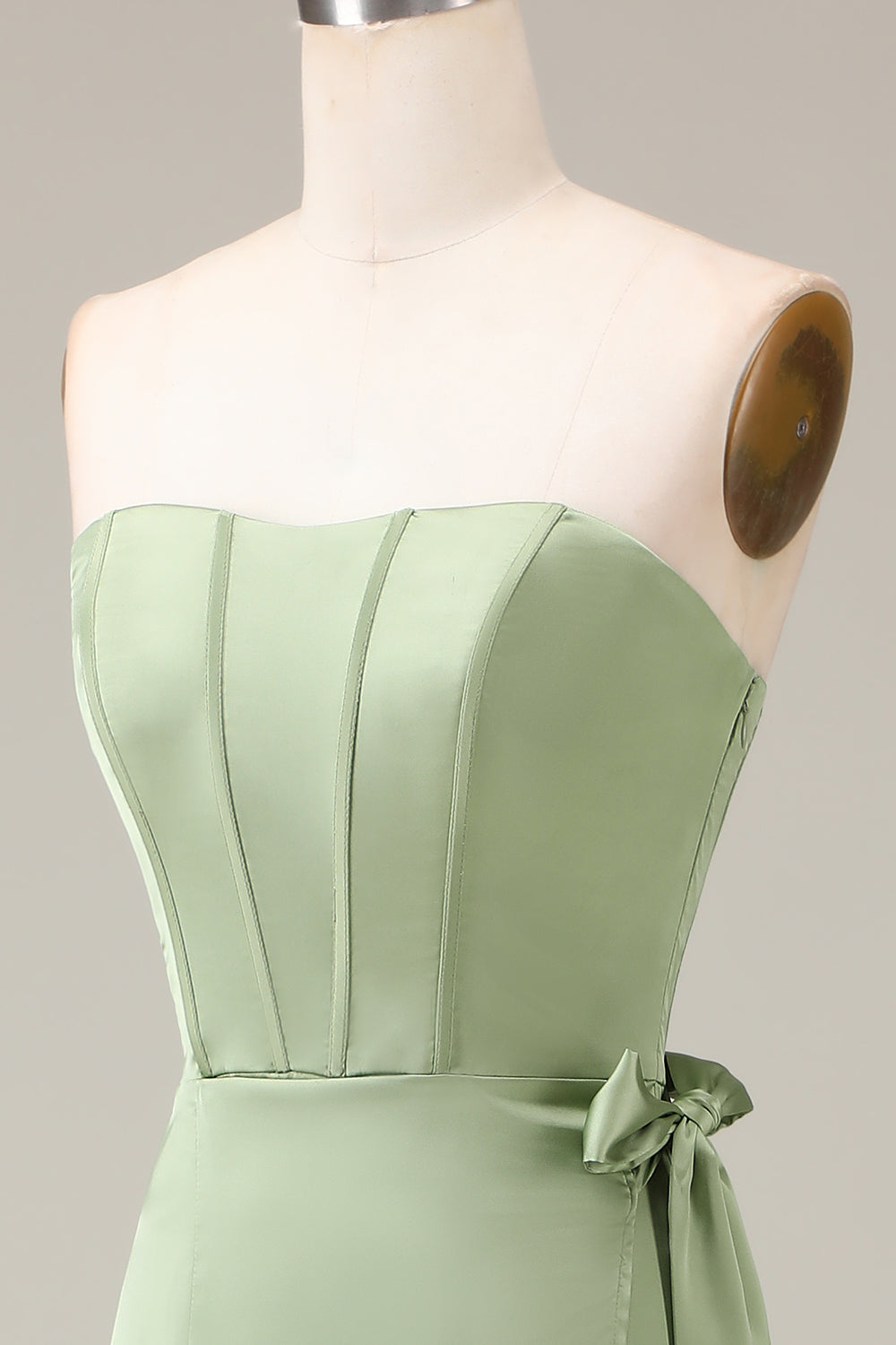 Matcha Strapless Corset A-line Satin Bridesmaid Dress with Slit