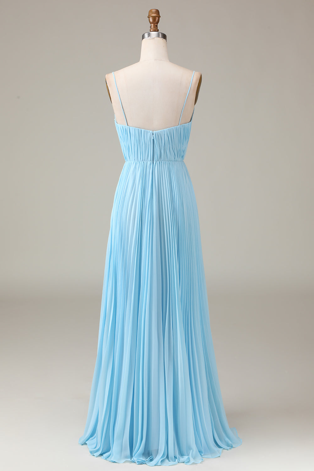 Sky Blue Spaghetti Straps V-neck A-line Pleated Chiffon Bridesmaid Dress