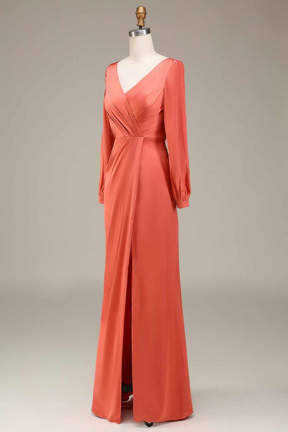 A-Line V-Neck Terracotta Satin Bridesmaid Dress With Slit