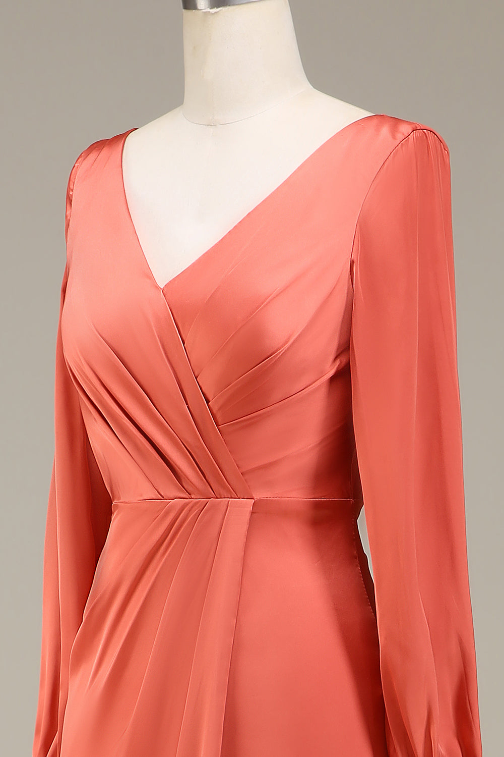 A-Line V-Neck Terracotta Satin Bridesmaid Dress With Slit