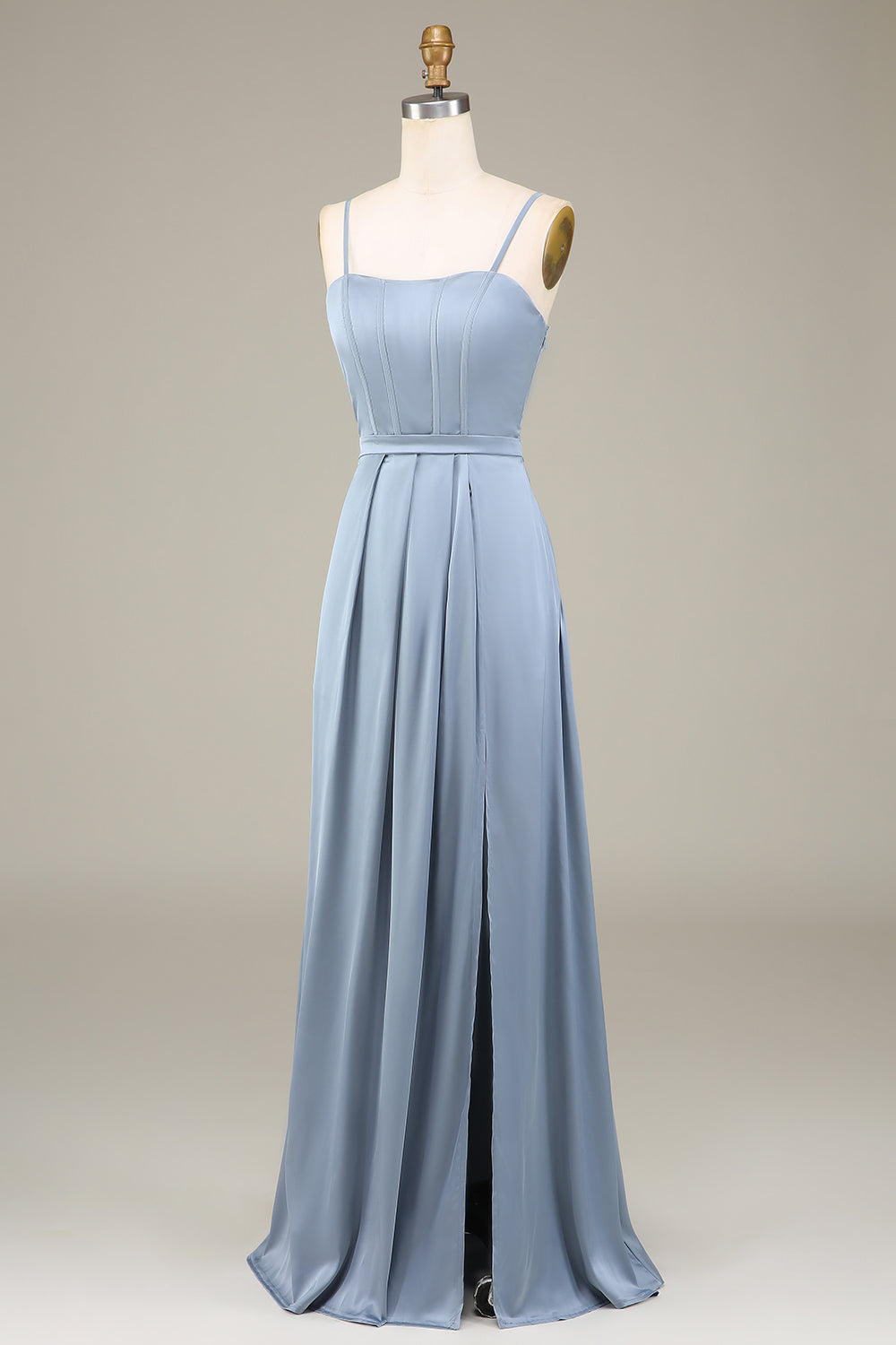 Dusty Blue A-Line Spaghetti Straps Satin Long Bridesmaid Dress