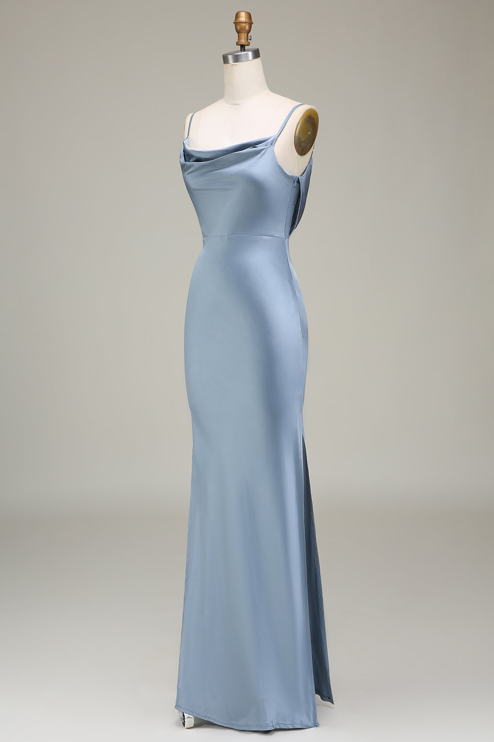 Dusty Blue Sheath Spaghetti Straps Backless Satin Long Bridesmaid Dress