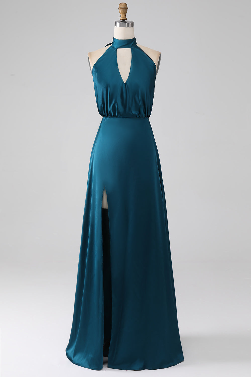 Peacock A-Line Halter Neck Long Bridesmaid Dress with Slit