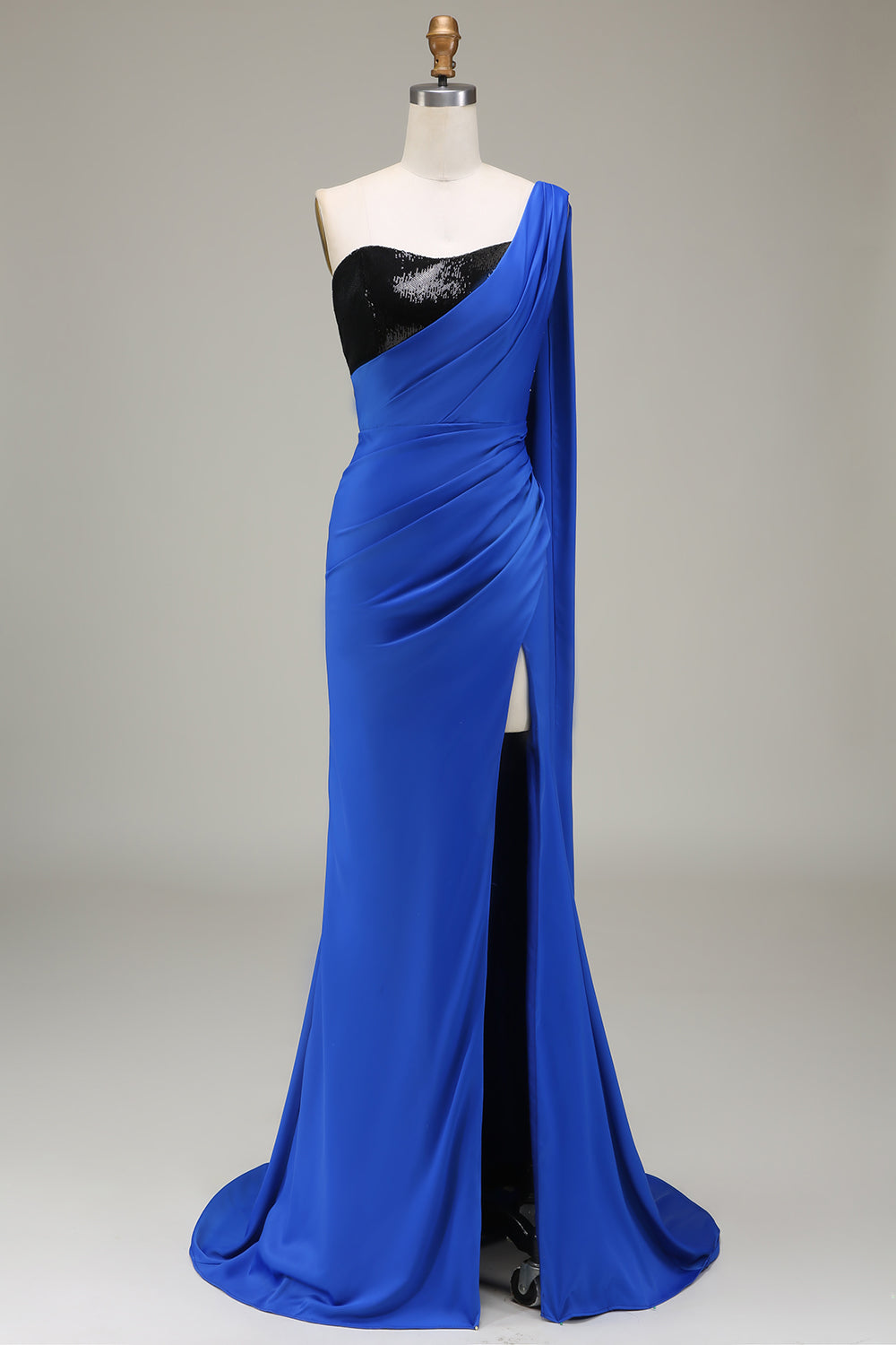 Royal Blue One Shoulder Satin and Sequin Mermaid Pleated Prom Dress with Slit