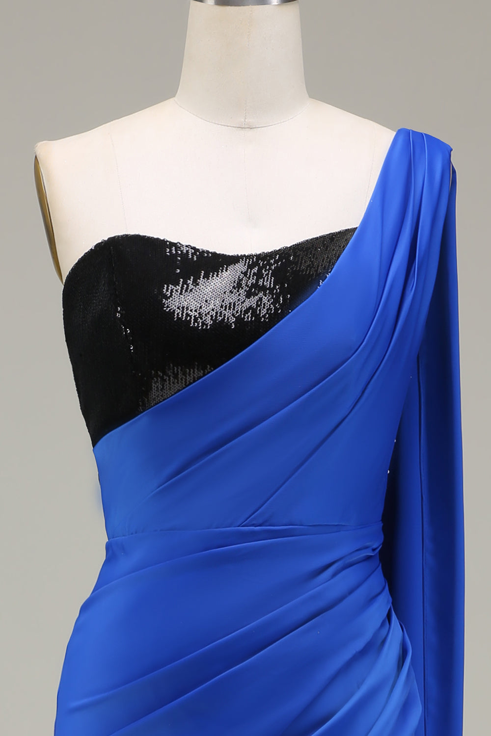 Royal Blue One Shoulder Satin and Sequin Mermaid Pleated Prom Dress with Slit