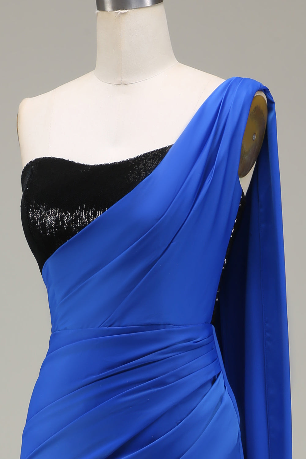 Royal Blue One Shoulder Satin and Sequin Mermaid Pleated Prom Dress with Slit