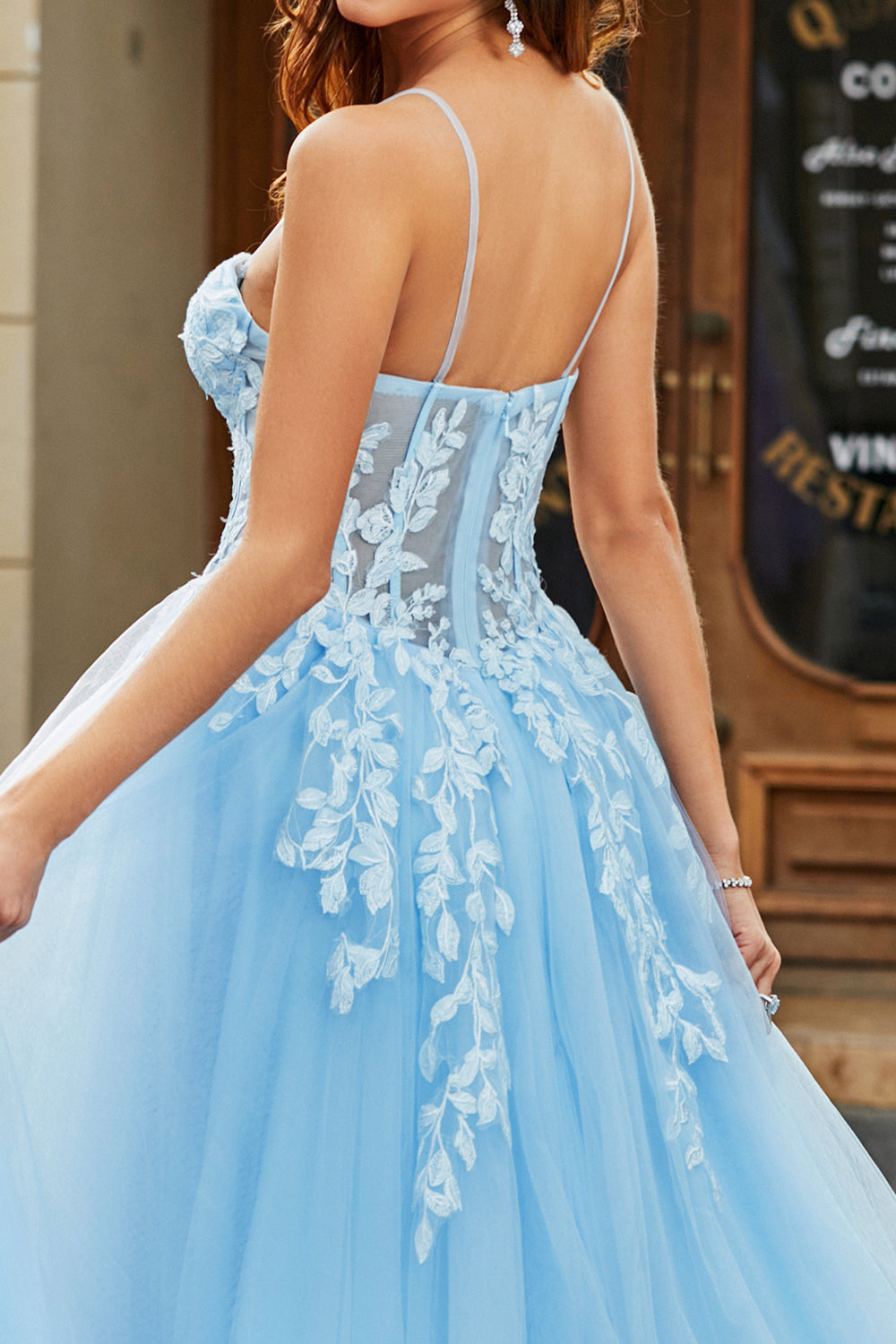 Tulle A-Line Spaghetti Straps Sky Blue Long Corset Prom Dress with Appliques