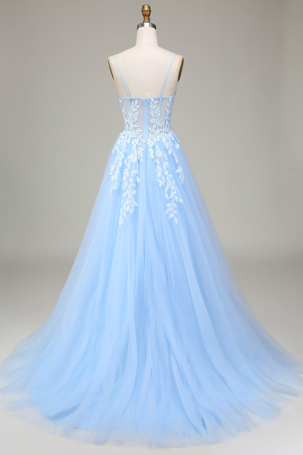 Tulle A-Line Spaghetti Straps Sky Blue Prom Dress with Appliques