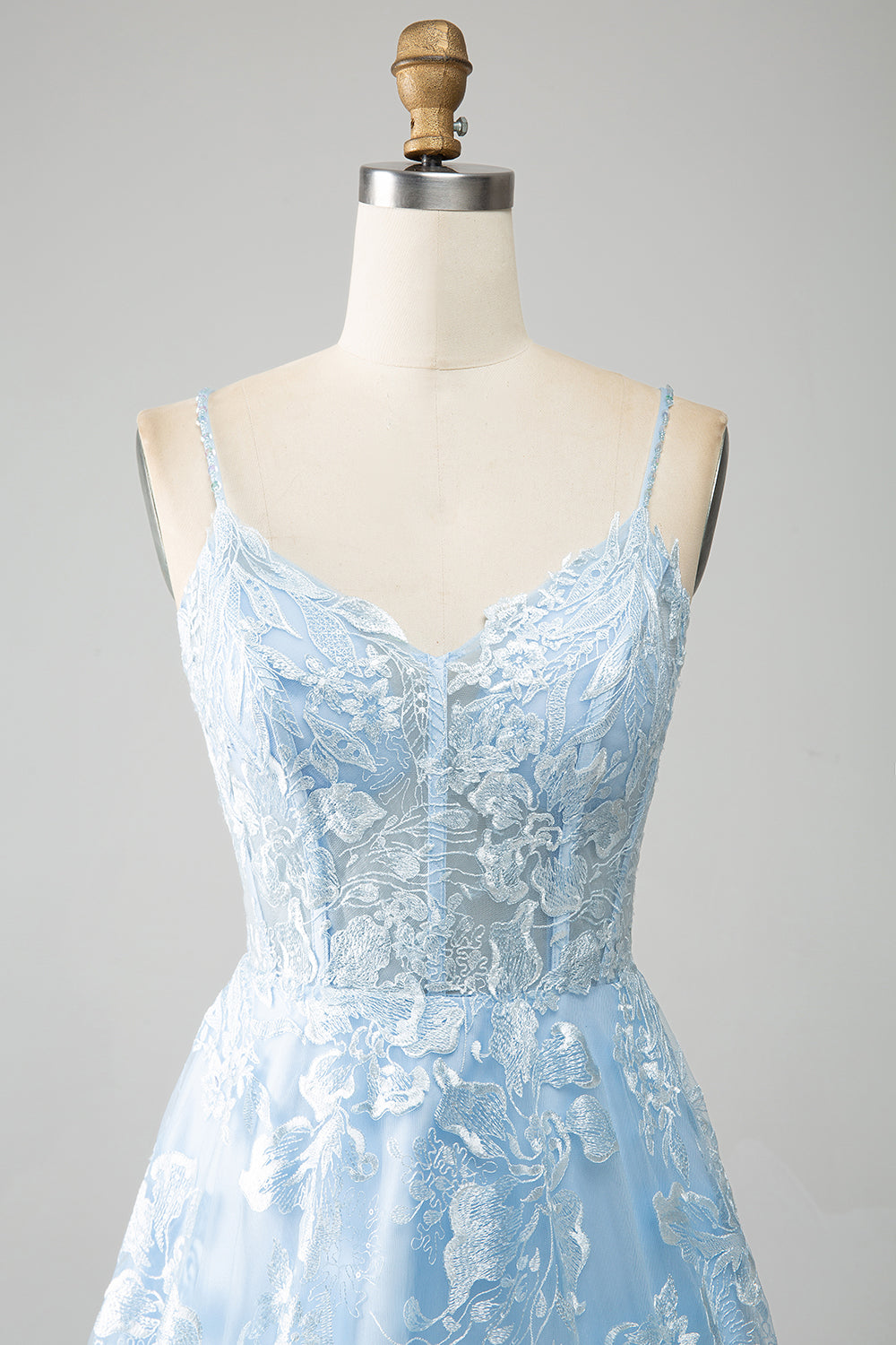 Sky Blue A-Line Spaghetti Straps Lace Long Corset Prom Dress