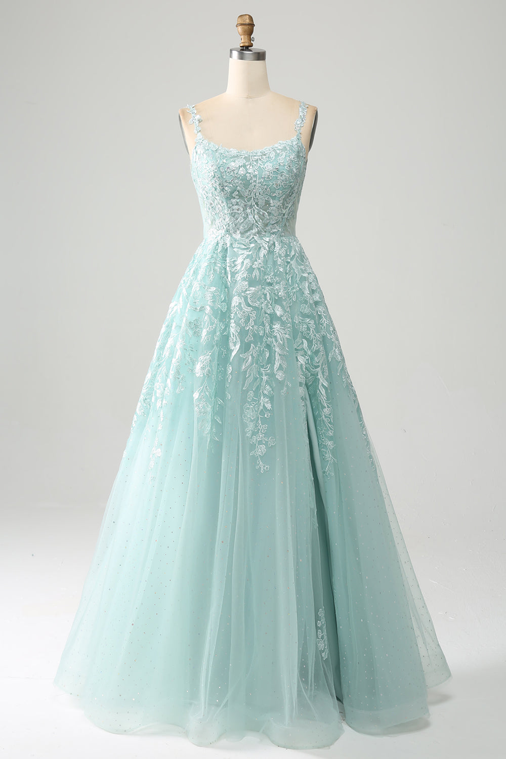 Glitter Mint A-Line Tulle Long Prom Dress with Lace