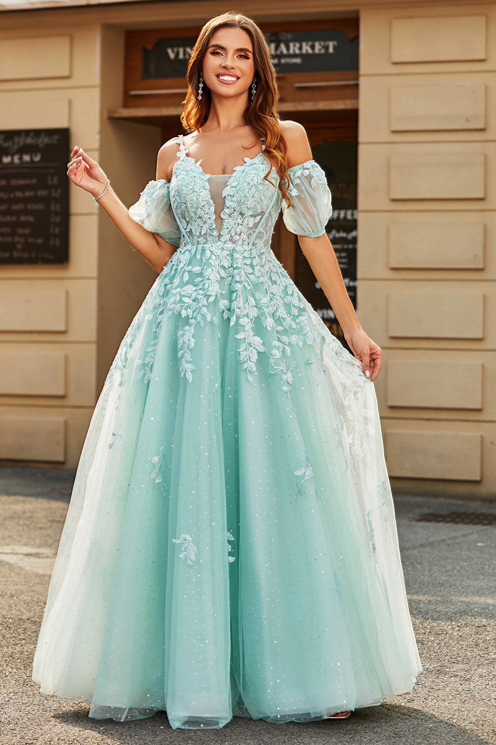 Mint Ball-Gown Detachable Sleeves Beaded Prom Dresses With Appliques