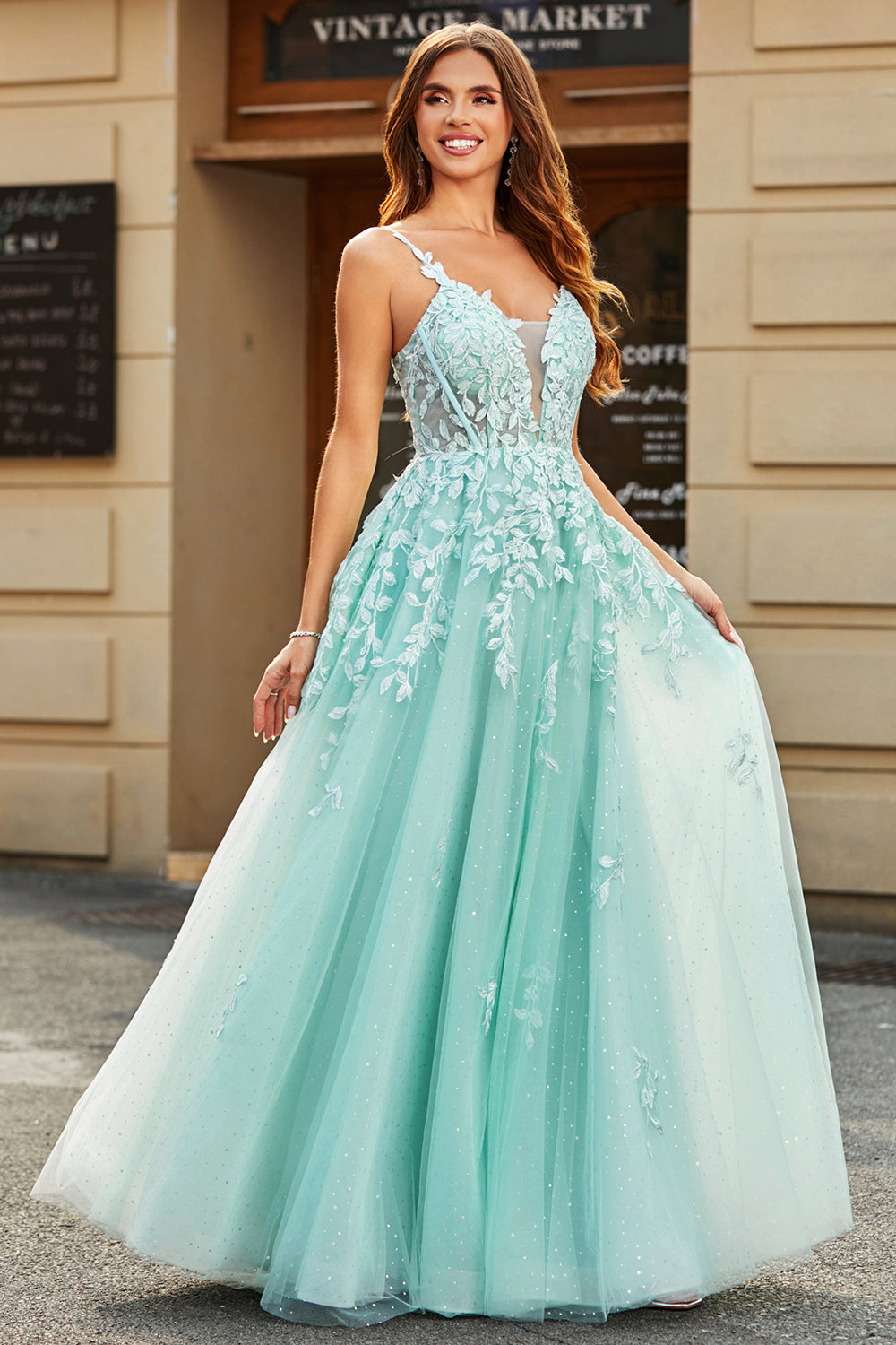 Mint Ball-Gown Detachable Sleeves Beaded Prom Dresses With Appliques