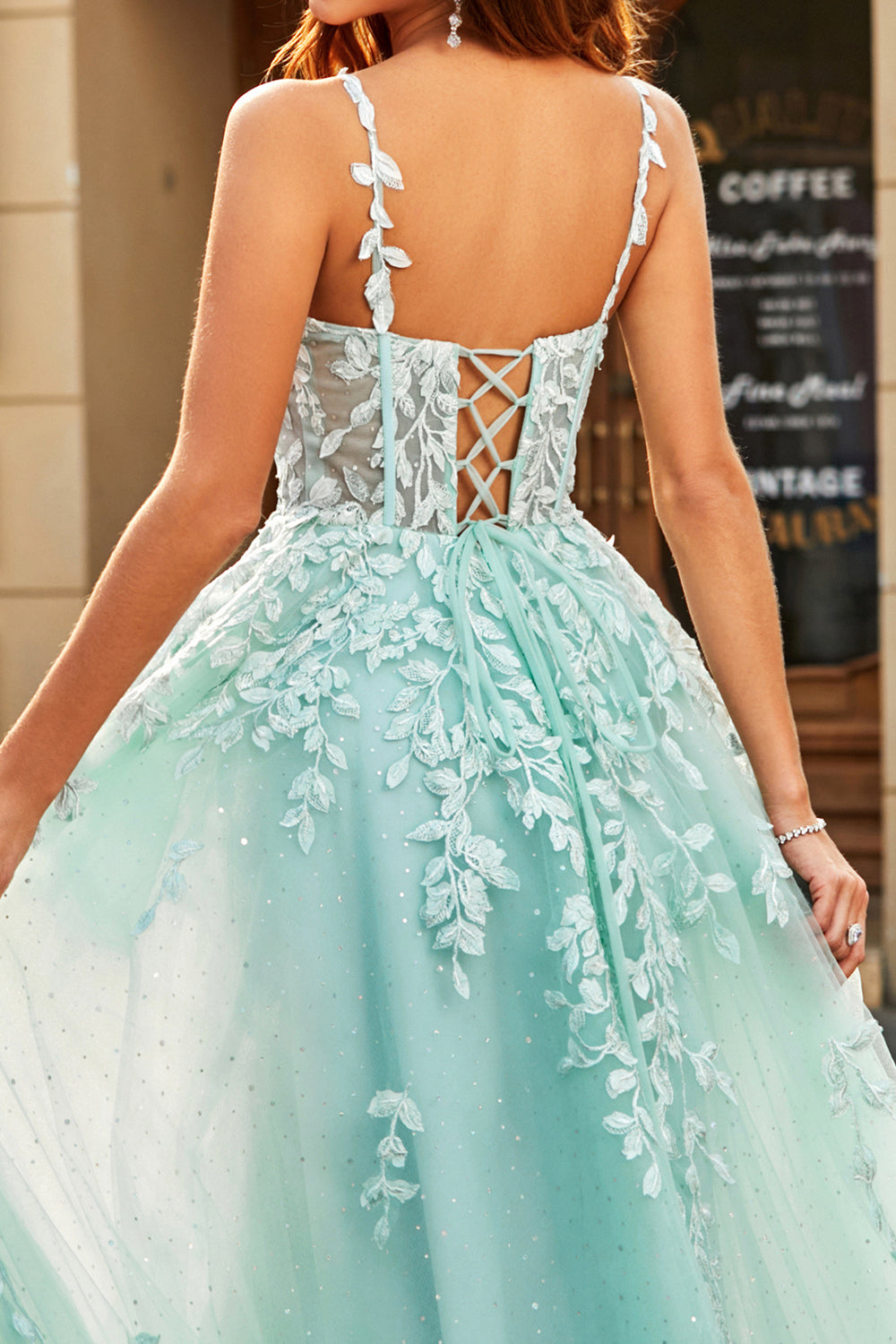 Mint Ball-Gown Detachable Sleeves Beaded Prom Dresses With Appliques