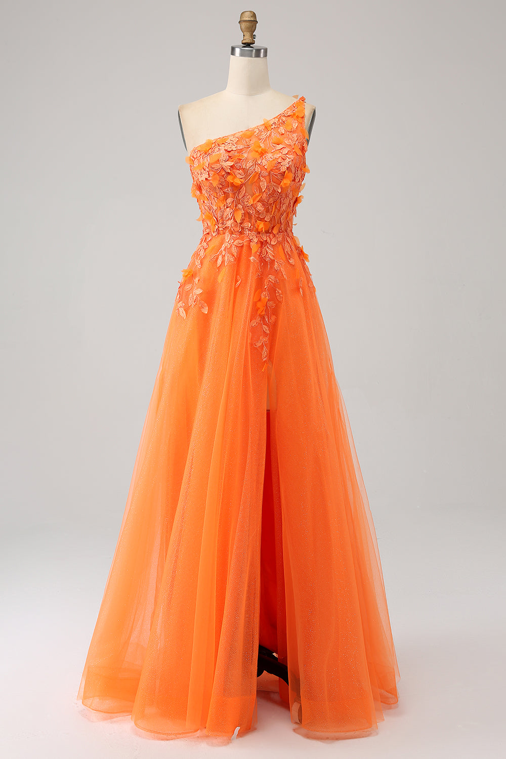 Orange One Shoulder A-Line Tulle Long Prom Dress with Appliques