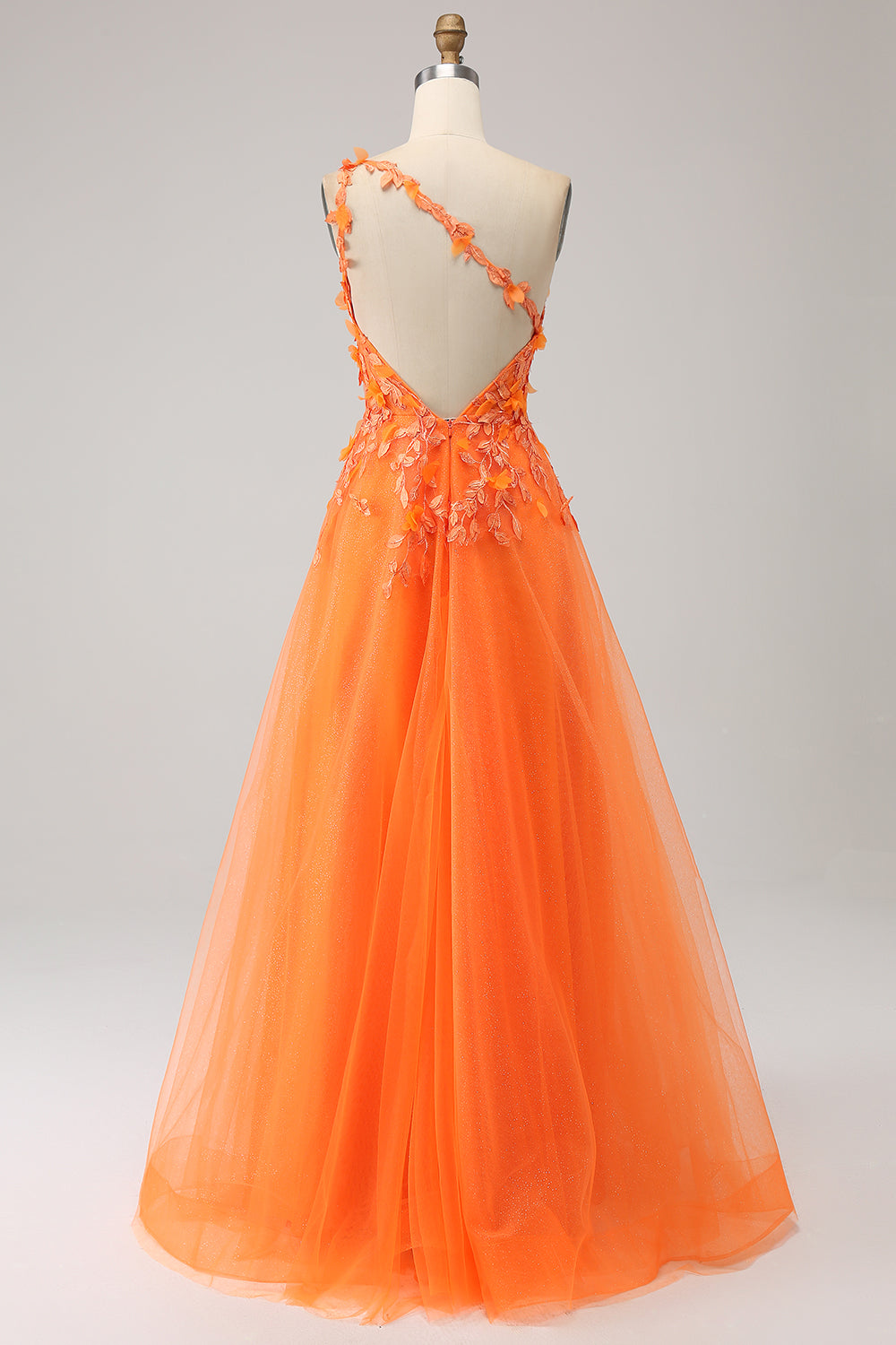 Orange One Shoulder A-Line Tulle Long Prom Dress with Appliques