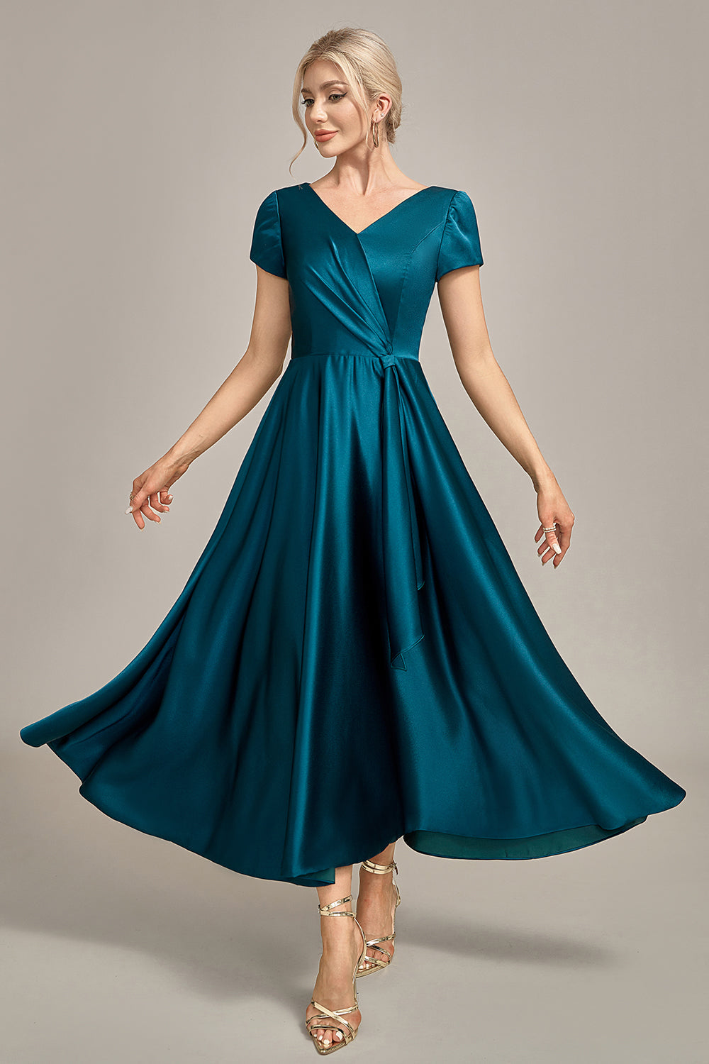 Peacock Green Satin V-neck A-line Pleated Mother of the Bride Dress