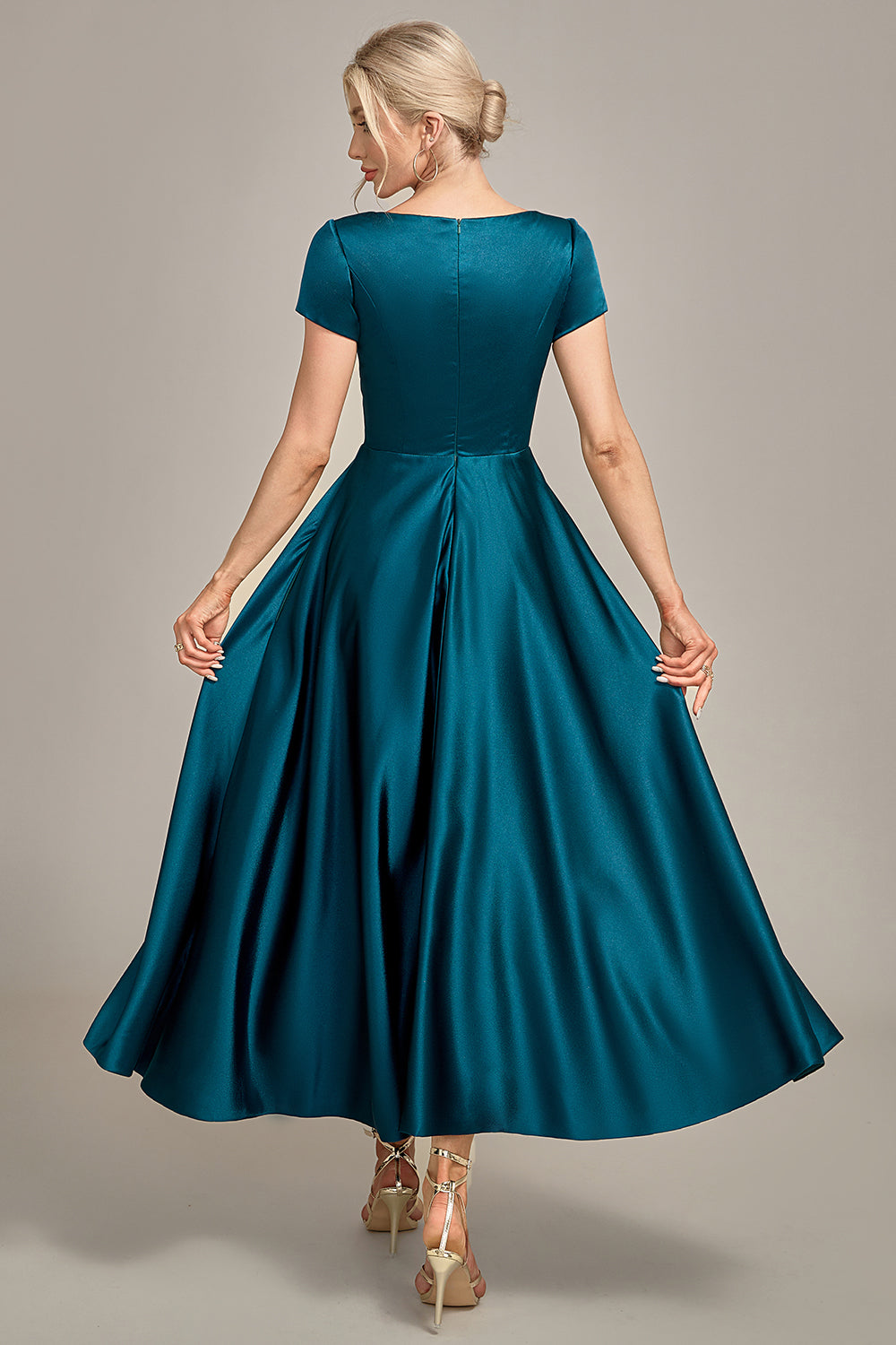 Peacock Green Satin V-neck A-line Pleated Mother of the Bride Dress