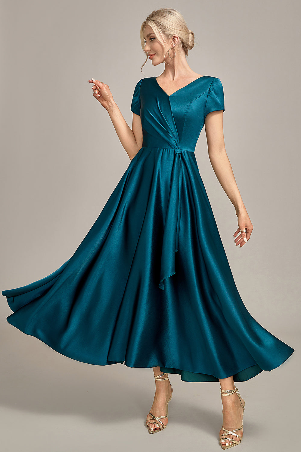 Peacock Green Satin V-neck A-line Pleated Mother of the Bride Dress