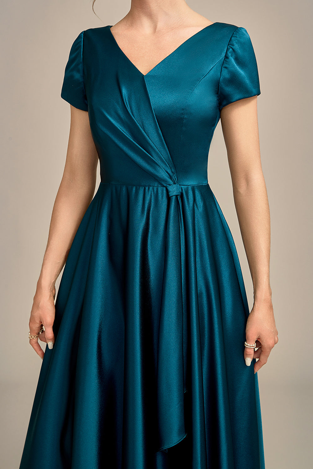 Peacock Green Satin V-neck A-line Pleated Mother of the Bride Dress