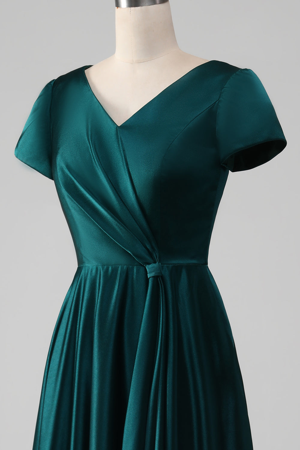 Peacock Satin V-neck A-line Pleated Mother of the Bride Dress