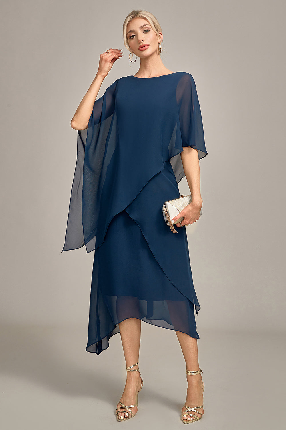 Navy Chiffon A-line Scoop Neck Mother of the Bride Dress