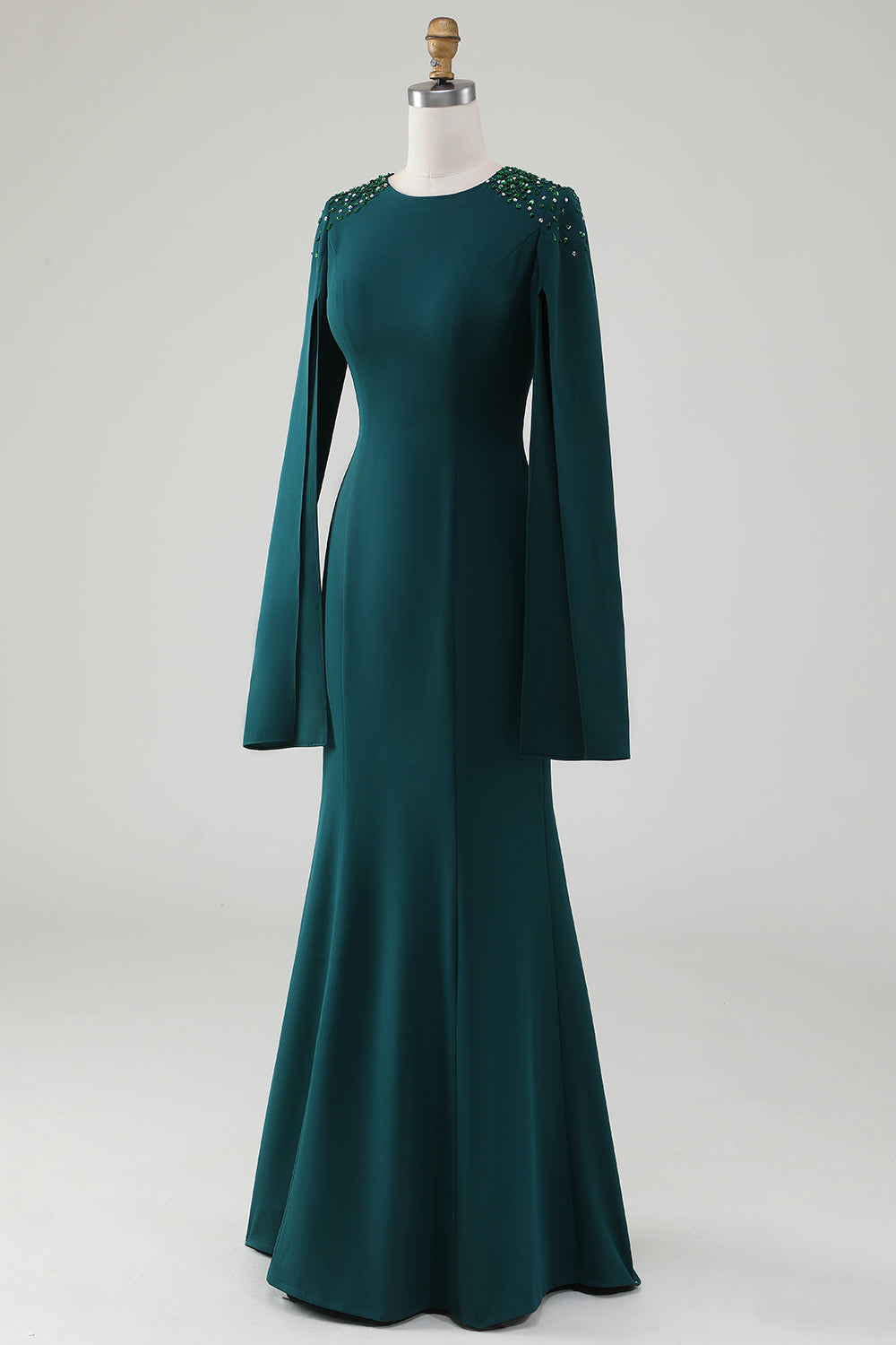 Dark Green Mermaid Round Neck Gown With Beaded Cape Sleeves