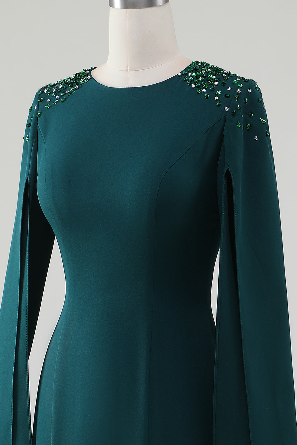 Dark Green Mermaid Round Neck Gown With Beaded Cape Sleeves