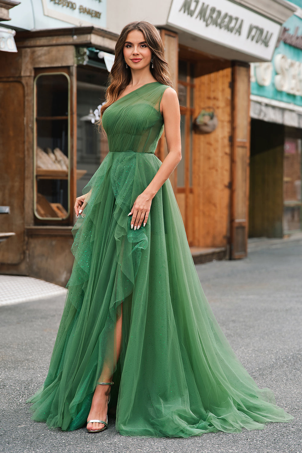 Dark Green Tulle A-Line One-Shoulder Long Prom Dress with Slit